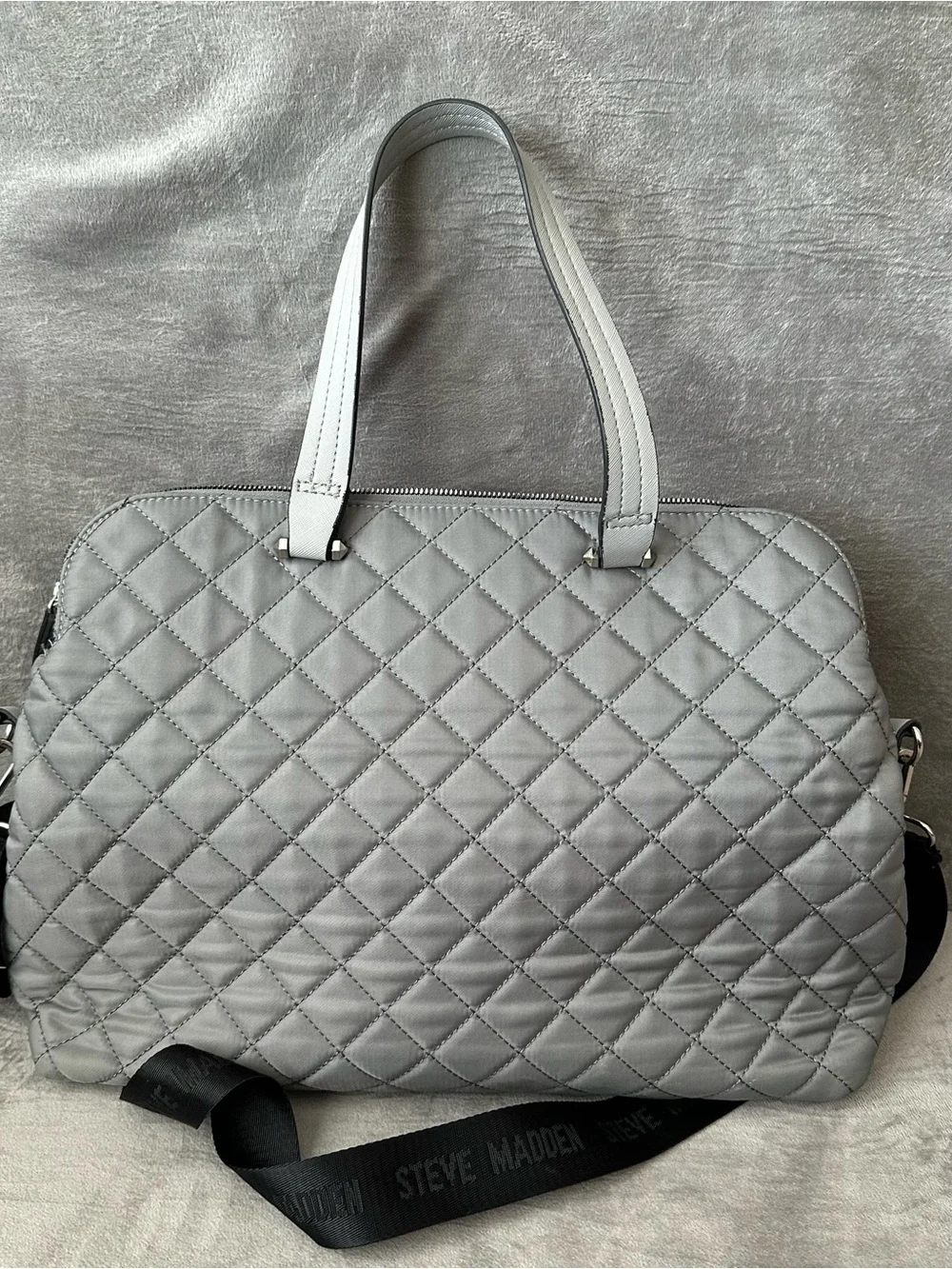 Steve Madden Quilted Gray Laptop Tote with Front Pocket and SM Initials